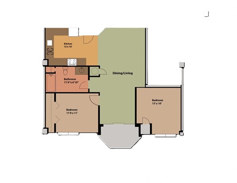 Floor plan for 2 beds, 1 bath, 840 sqft